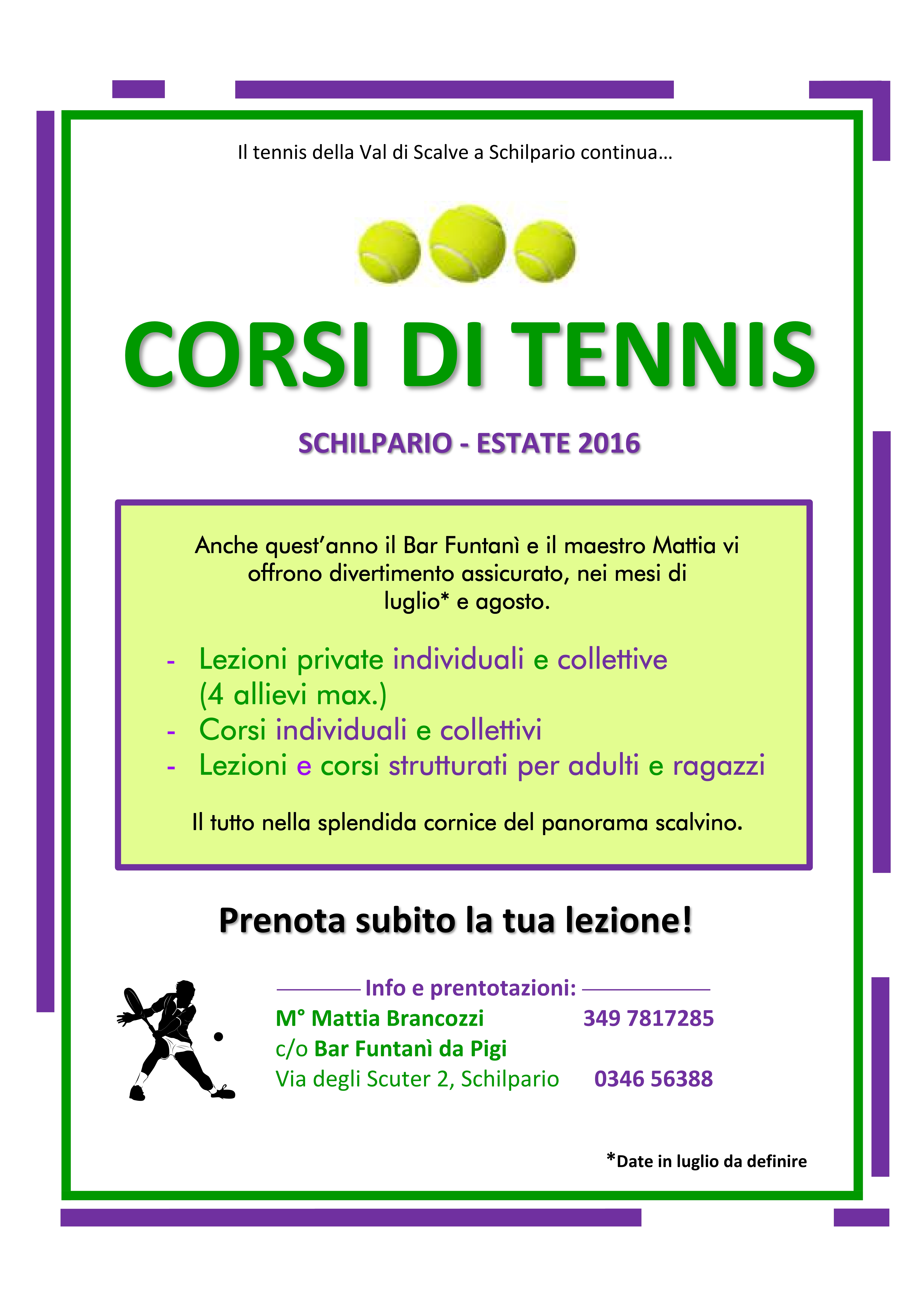 Corsi tennis lezioni private adulti bambini Mattia prenotazioni Schilpario